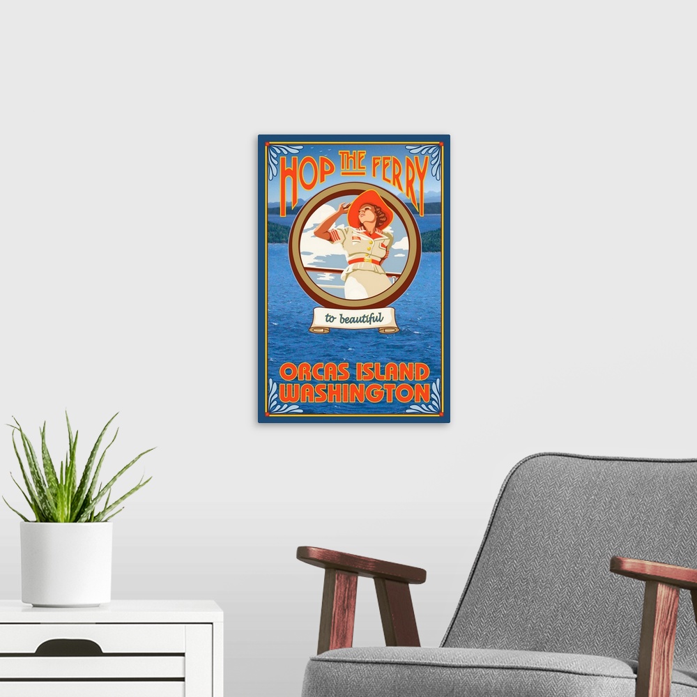 A modern room featuring Woman Riding Ferry - Orcas Island, Washington: Retro Travel Poster