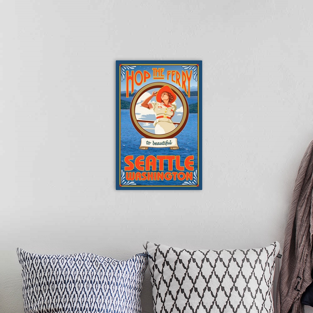 A bohemian room featuring Woman Riding Ferry - Seattle, Washington: Retro Travel Poster