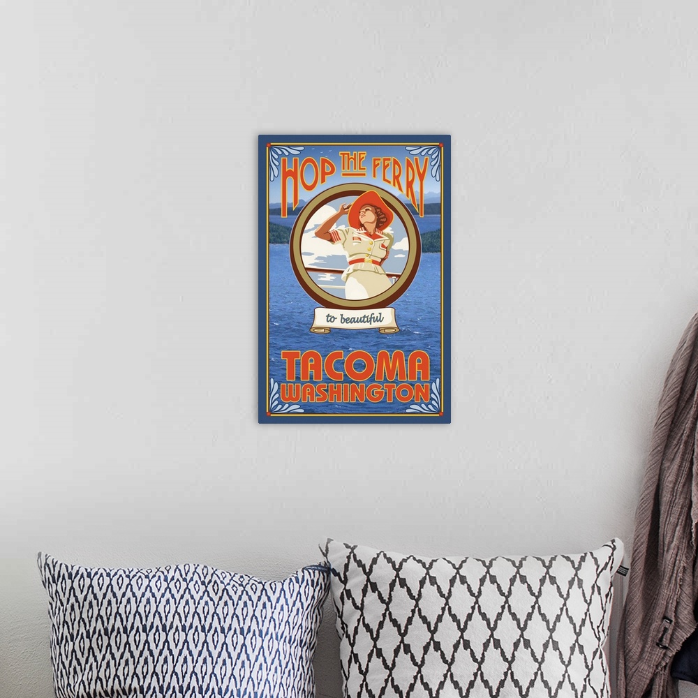 A bohemian room featuring Woman Riding Ferry - Tacoma, Washington: Retro Travel Poster