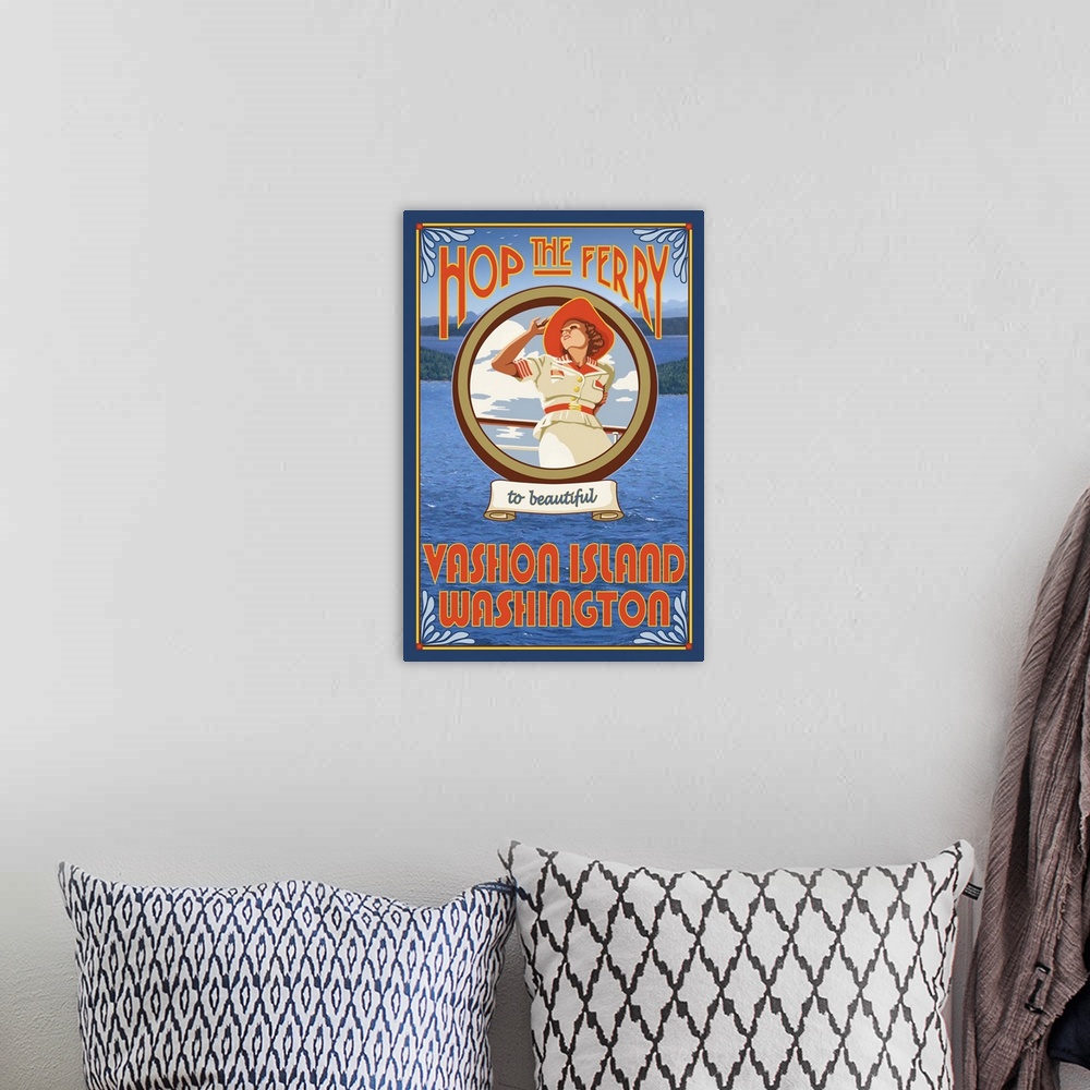 A bohemian room featuring Woman Riding Ferry - Vashon Island, Washington: Retro Travel Poster