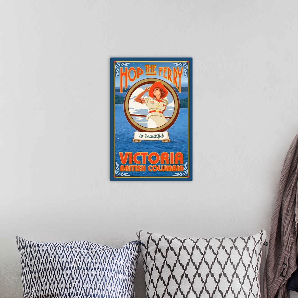 A bohemian room featuring Woman Riding Ferry - Victoria, BC Canada: Retro Travel Poster