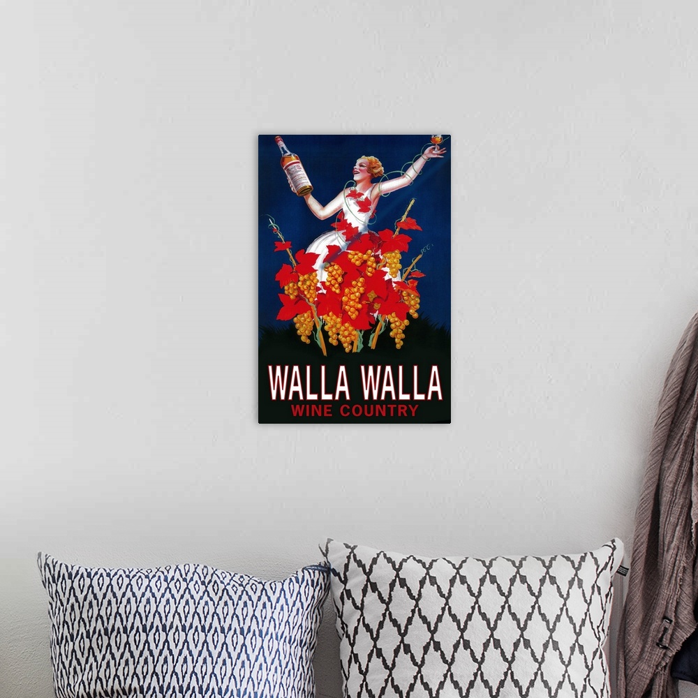 A bohemian room featuring Woman with Bottle - Walla Walla, Washington: Retro Travel Poster