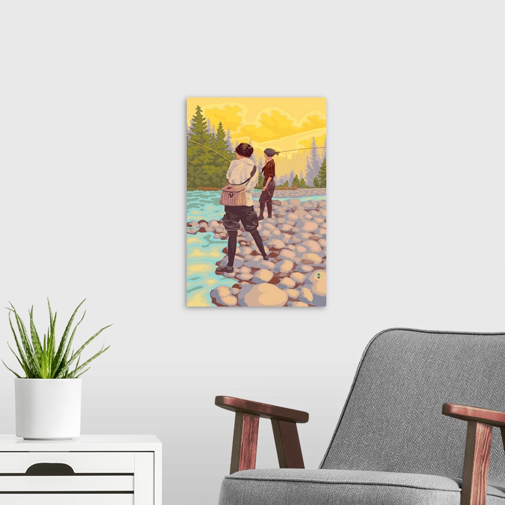 A modern room featuring Retro stylized art poster of two women fishing alongside a stream.