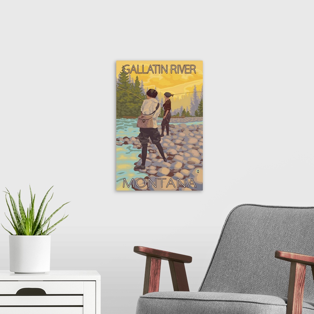 A modern room featuring Women Fly Fishing - Gallatin River, Montana: Retro Travel Poster