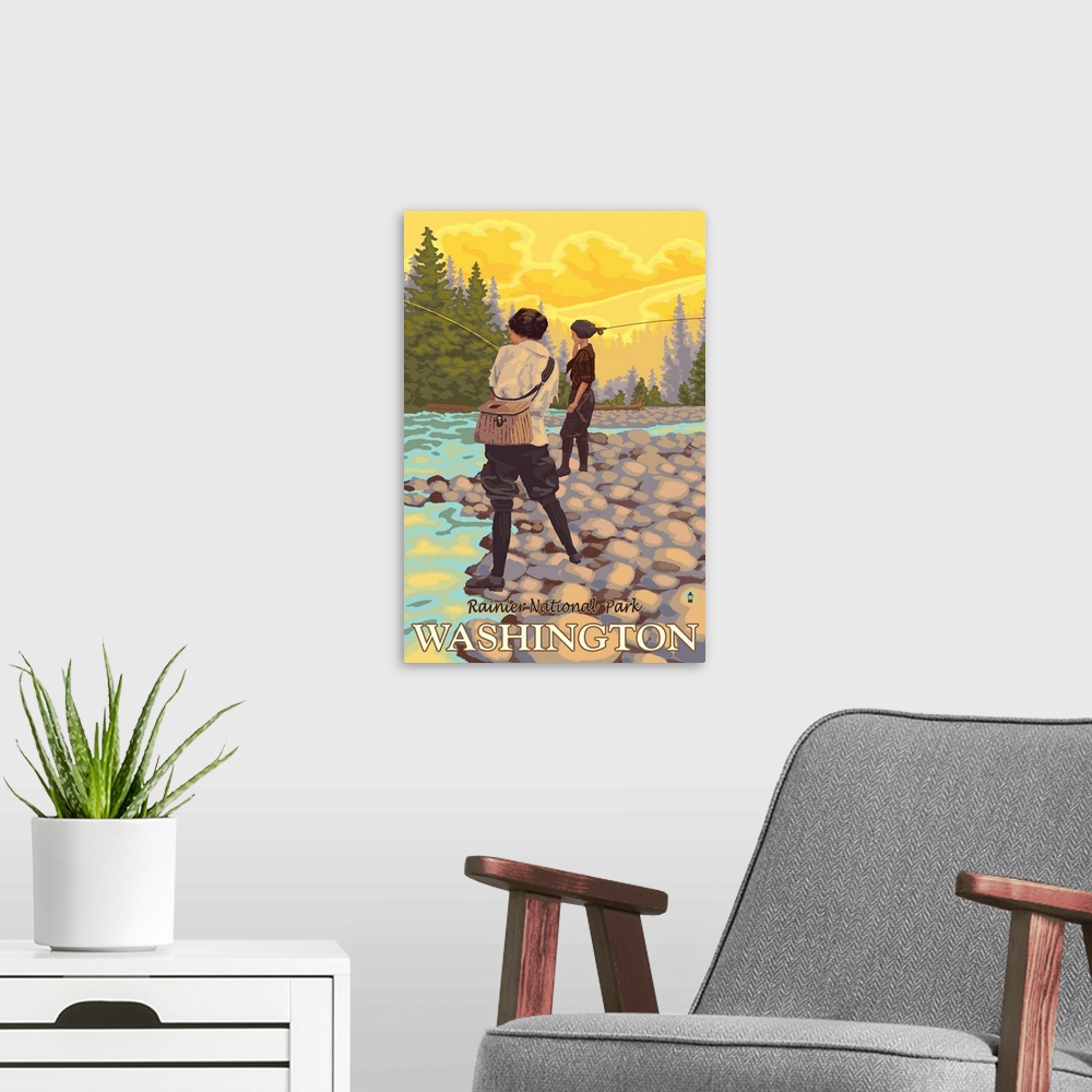 A modern room featuring Women Fly Fishing - Mt. Rainier: Retro Travel Poster