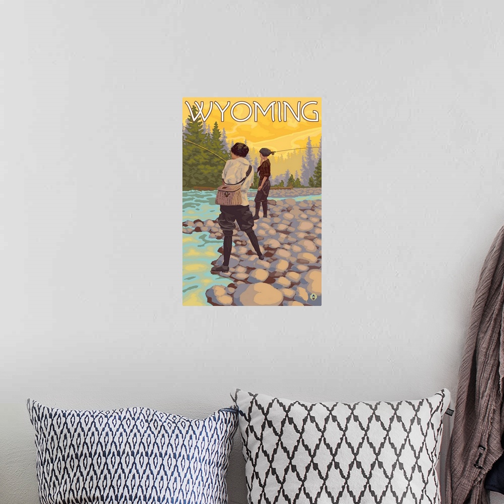 A bohemian room featuring Women Fly Fishing - Wyoming: Retro Travel Poster
