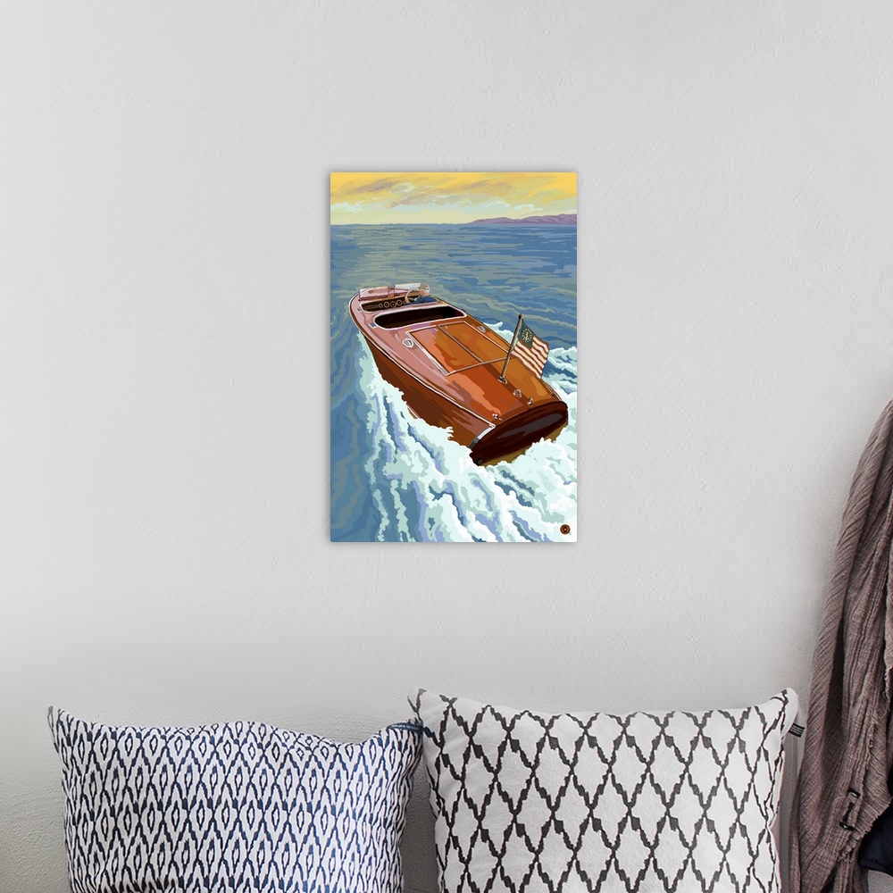 A bohemian room featuring Retro stylized art poster of a wooden speed boat on the open sea.