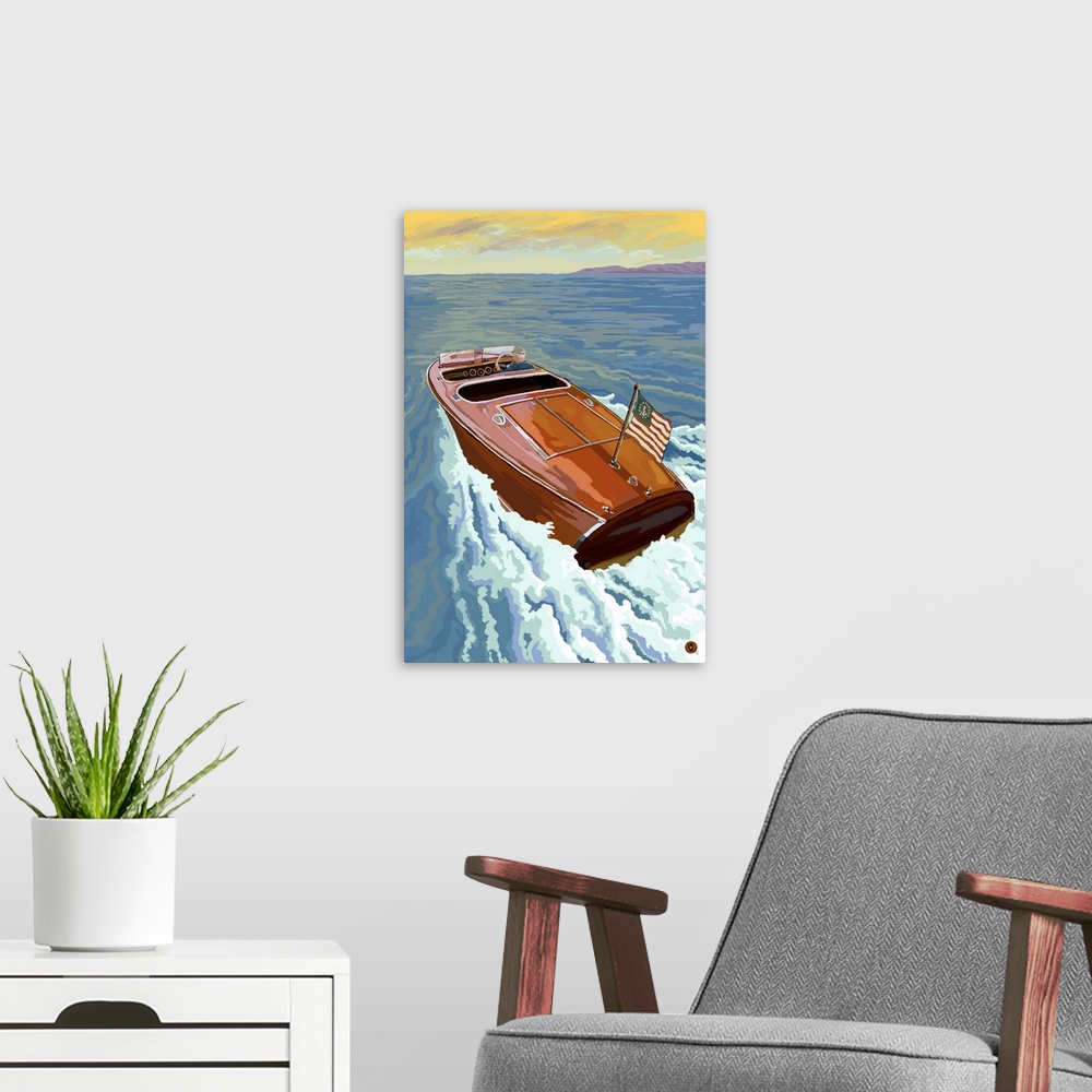 A modern room featuring Retro stylized art poster of a wooden speed boat on the open sea.