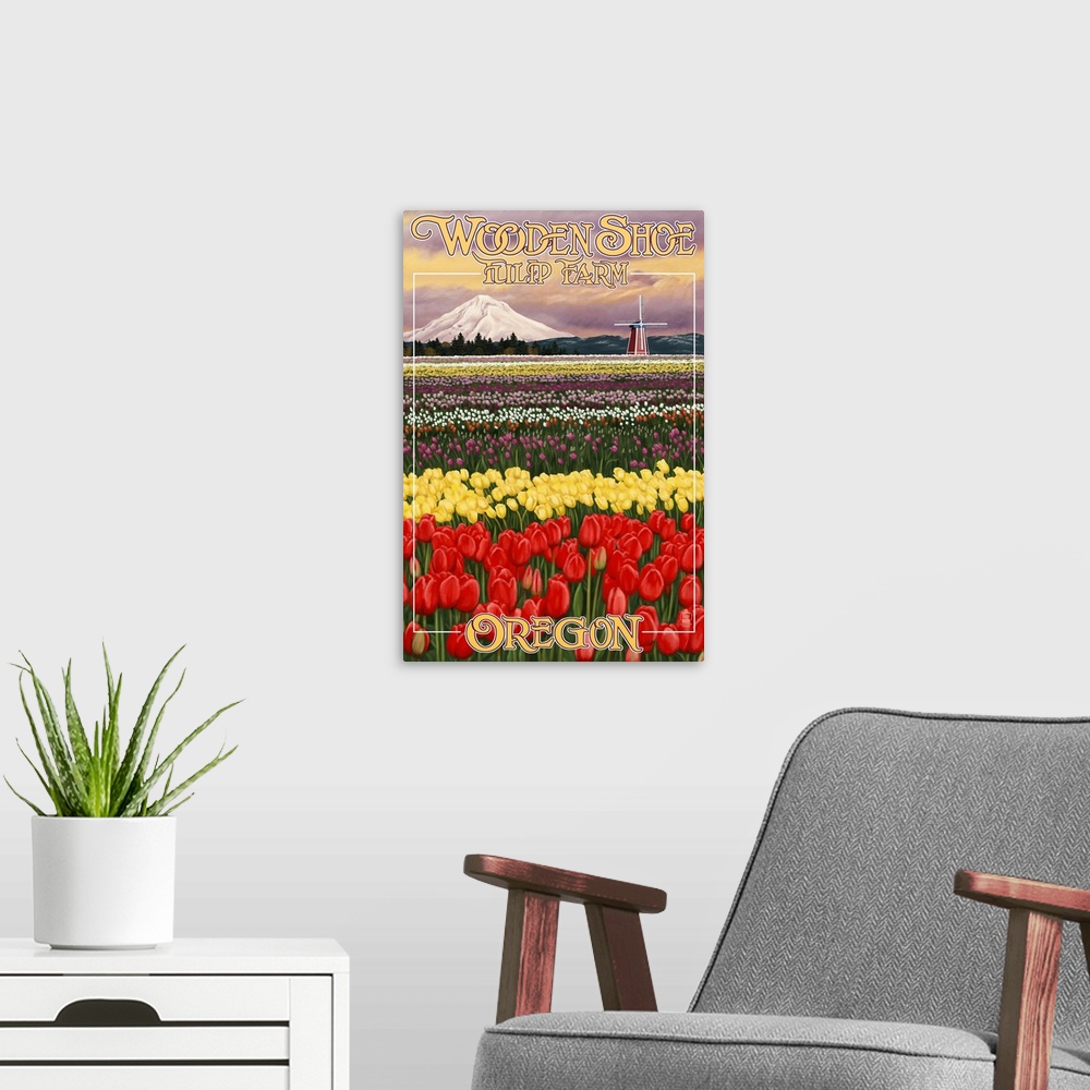 A modern room featuring Wooden Shoe Tulip Farm - Woodburn, Oregon: Retro Travel Poster