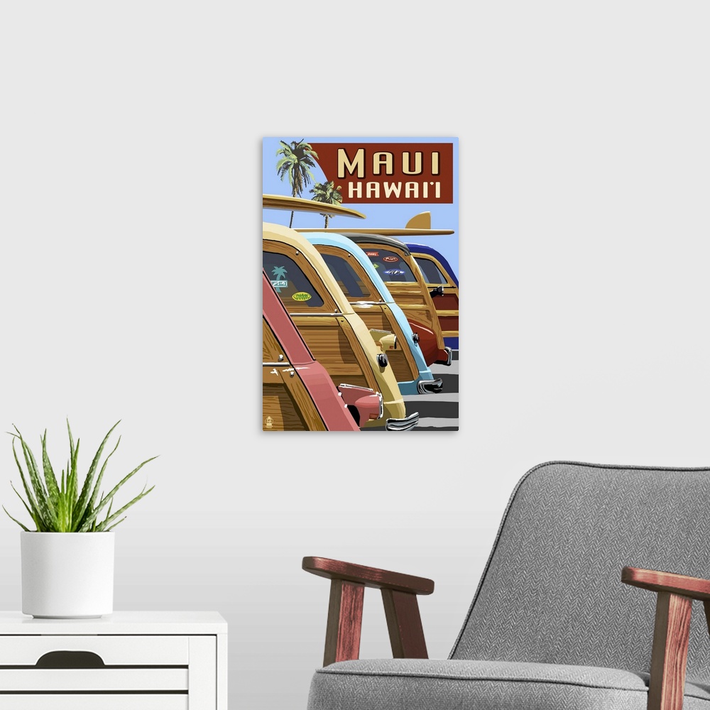 A modern room featuring Woodies Lined Up - Maui, Hawaii: Retro Travel Poster