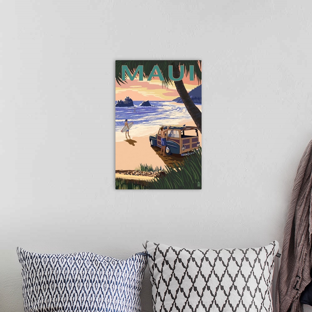 A bohemian room featuring Woody and Beach - Maui, Hawaii: Retro Travel Poster