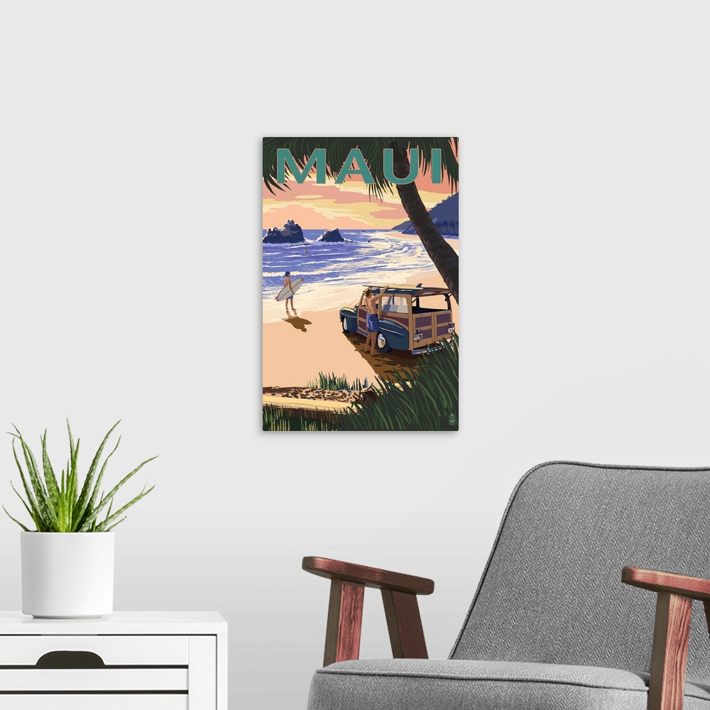 A modern room featuring Woody and Beach - Maui, Hawaii: Retro Travel Poster