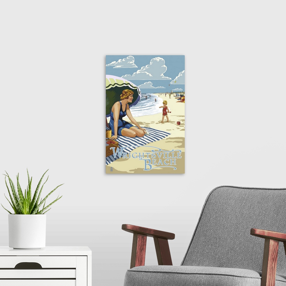 A modern room featuring Wrightsville Beach, NC - Beach Scene: Retro Travel Poster