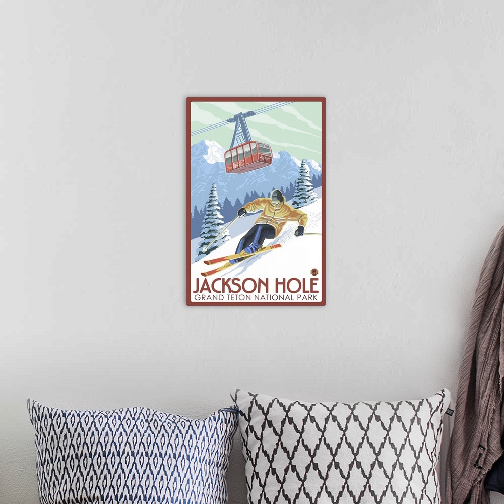 A bohemian room featuring Wyoming - Jackson Hole Grand Teton Skiing: Retro Travel Poster