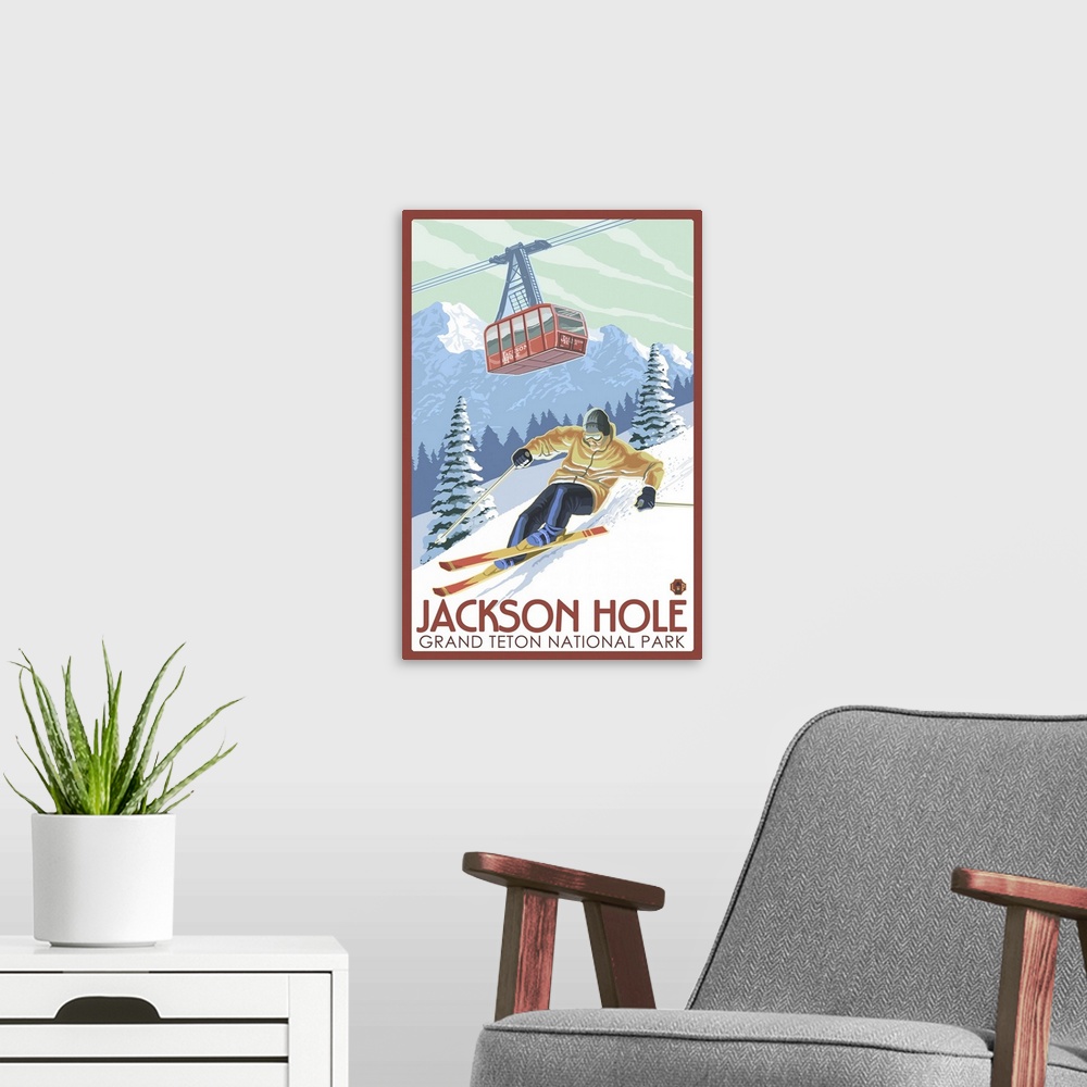 A modern room featuring Wyoming - Jackson Hole Grand Teton Skiing: Retro Travel Poster
