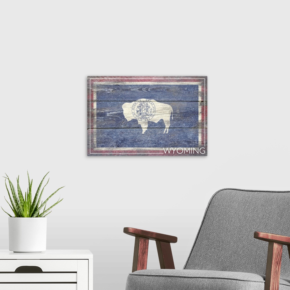 A modern room featuring The flag of Wyoming with a weathered wooden board effect.