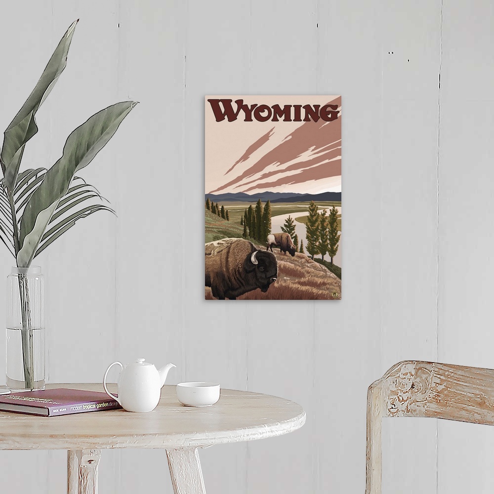 A farmhouse room featuring Wyoming - Yellowstone River Bison: Retro Travel Poster