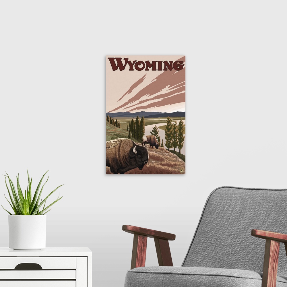 A modern room featuring Wyoming - Yellowstone River Bison: Retro Travel Poster