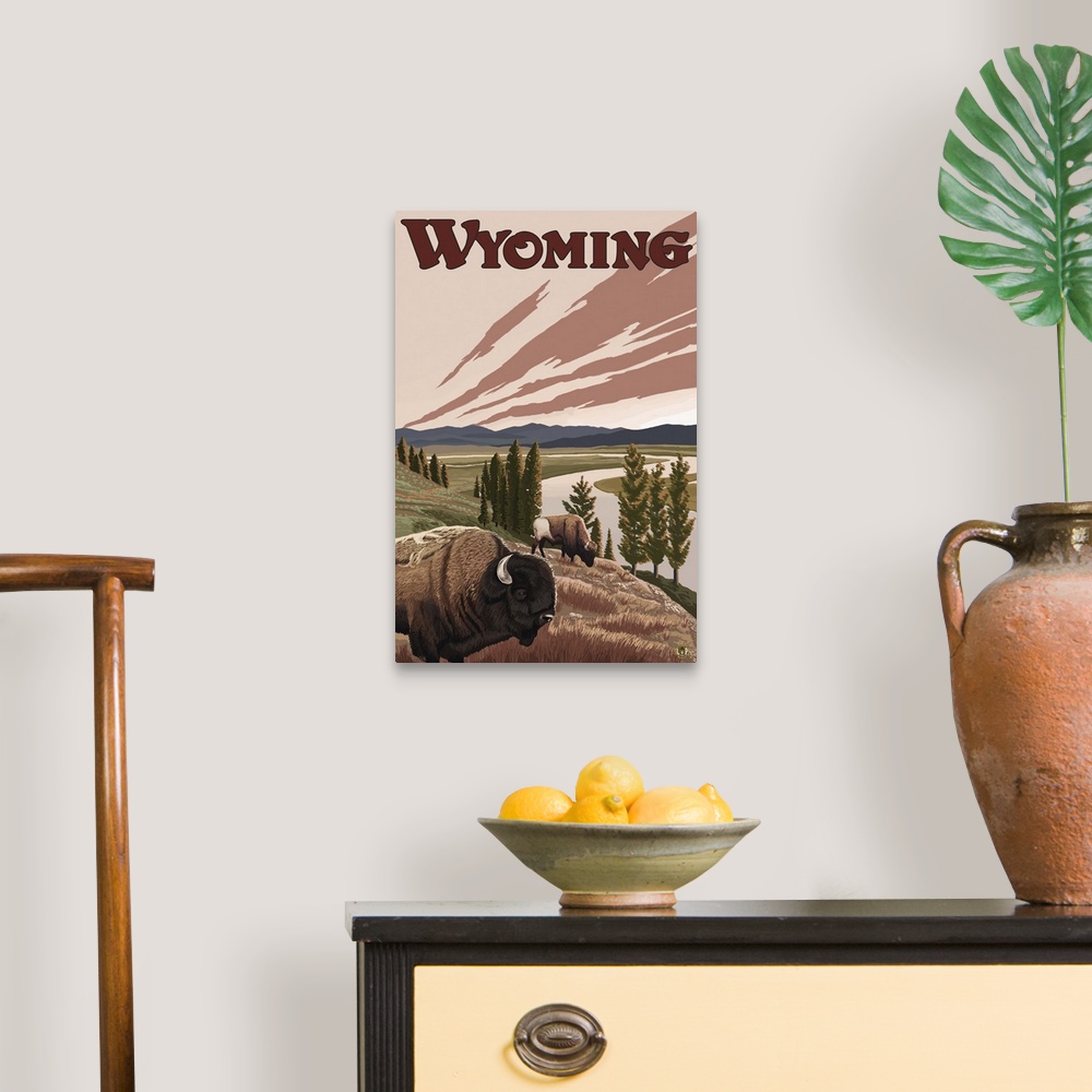 A traditional room featuring Wyoming - Yellowstone River Bison: Retro Travel Poster