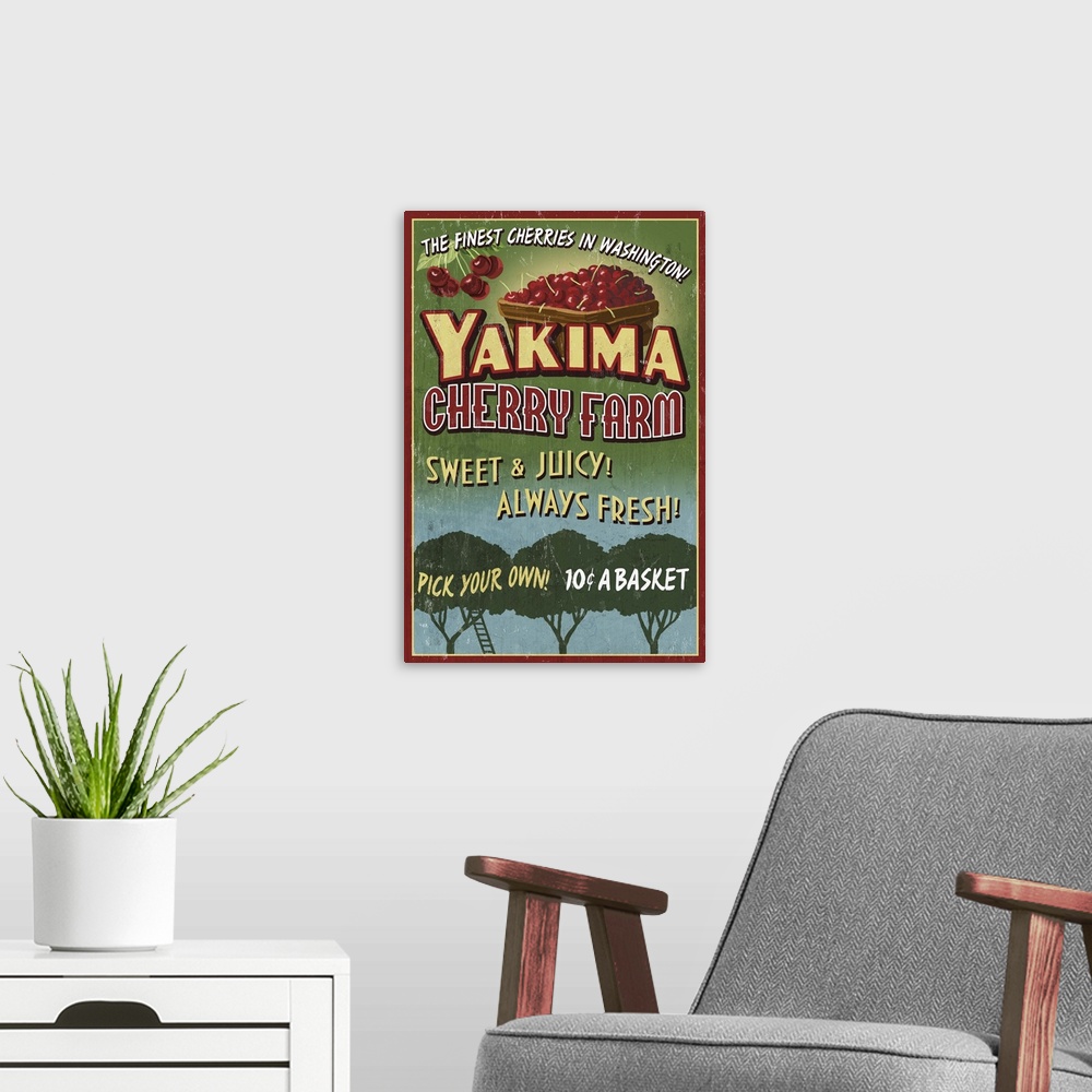 A modern room featuring Yakima, Washington - Cherries Vintage Sign: Retro Travel Poster