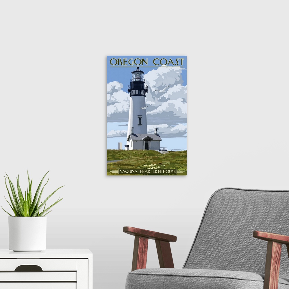 A modern room featuring Yaquina Head Lighthouse - Oregon Coast: Retro Travel Poster