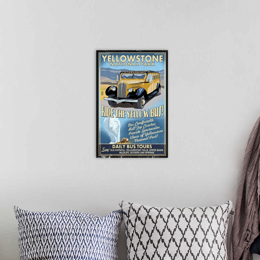 A bohemian room featuring Yellow Bus - Yellowstone National Park - Vintage Sign: Retro Travel Poster