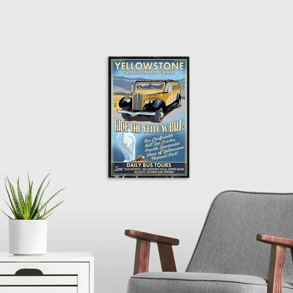 A modern room featuring Yellow Bus - Yellowstone National Park - Vintage Sign: Retro Travel Poster