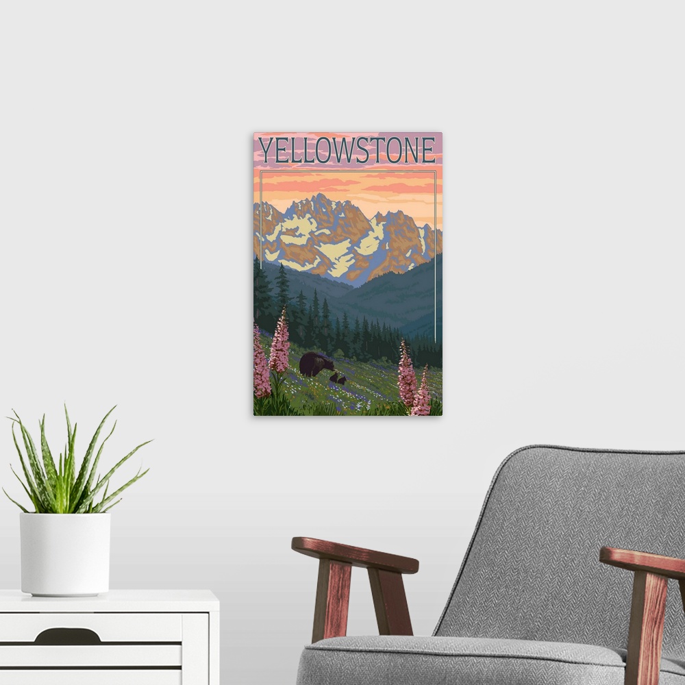 A modern room featuring Yellowstone - Bear and Spring Flowers: Retro Travel Poster