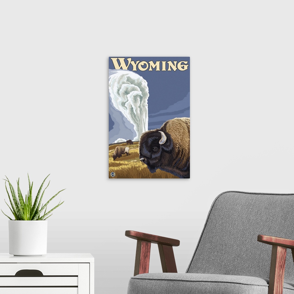 A modern room featuring Yellowstone - Buffalo at Old Faithful: Retro Travel Poster