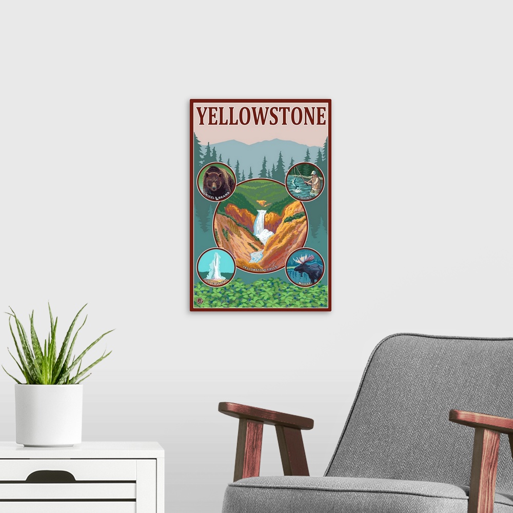 A modern room featuring Yellowstone Collage: Retro Travel Poster