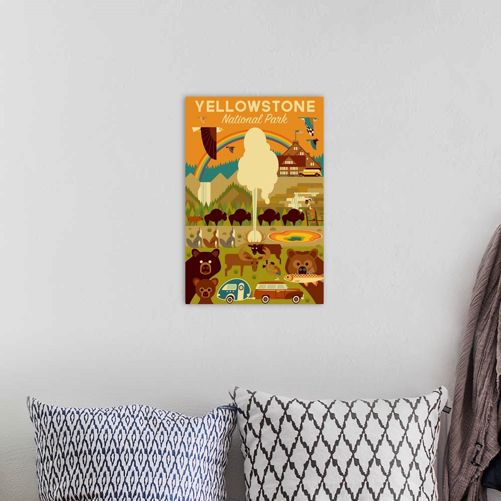 A bohemian room featuring Yellowstone National Park, Adventure: Graphic Travel Poster