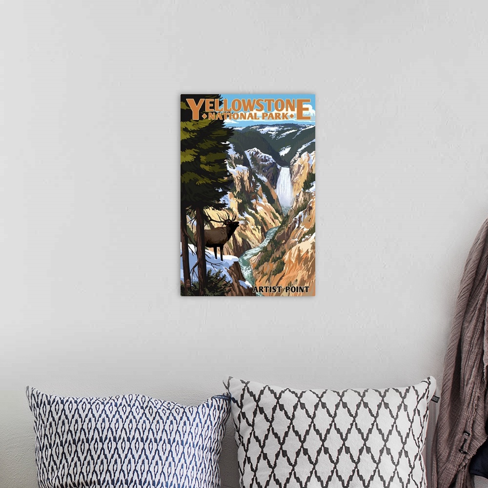 A bohemian room featuring Yellowstone National Park - Artist Point and Elk: Retro Travel Poster