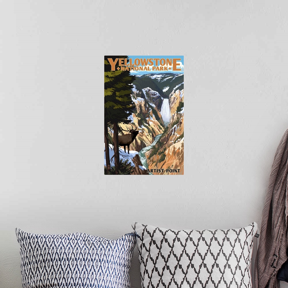 A bohemian room featuring Yellowstone National Park - Artist Point and Elk: Retro Travel Poster