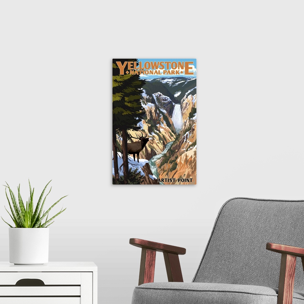 A modern room featuring Yellowstone National Park - Artist Point and Elk: Retro Travel Poster