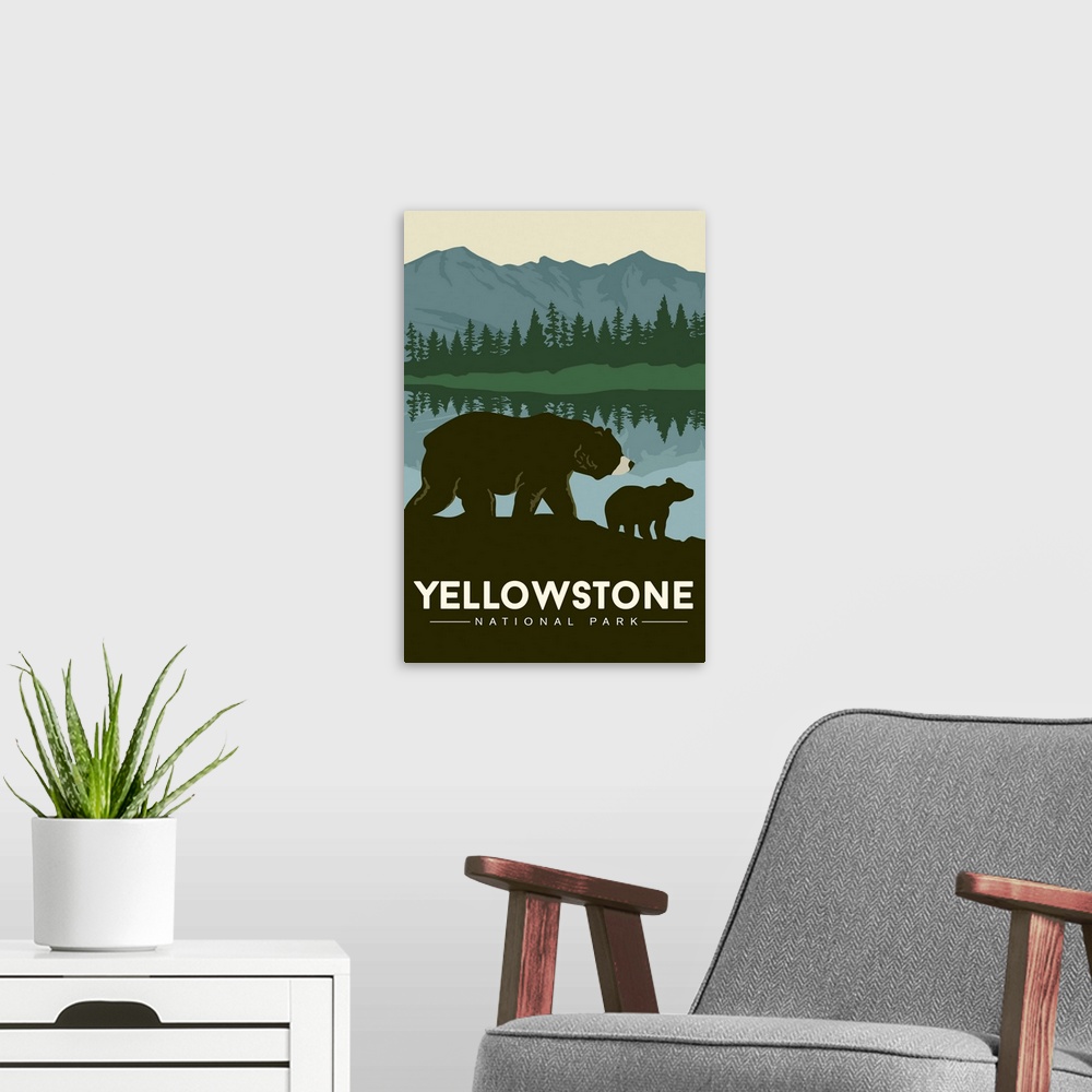 A modern room featuring Yellowstone National Park, Bear And Cub: Graphic Travel Poster