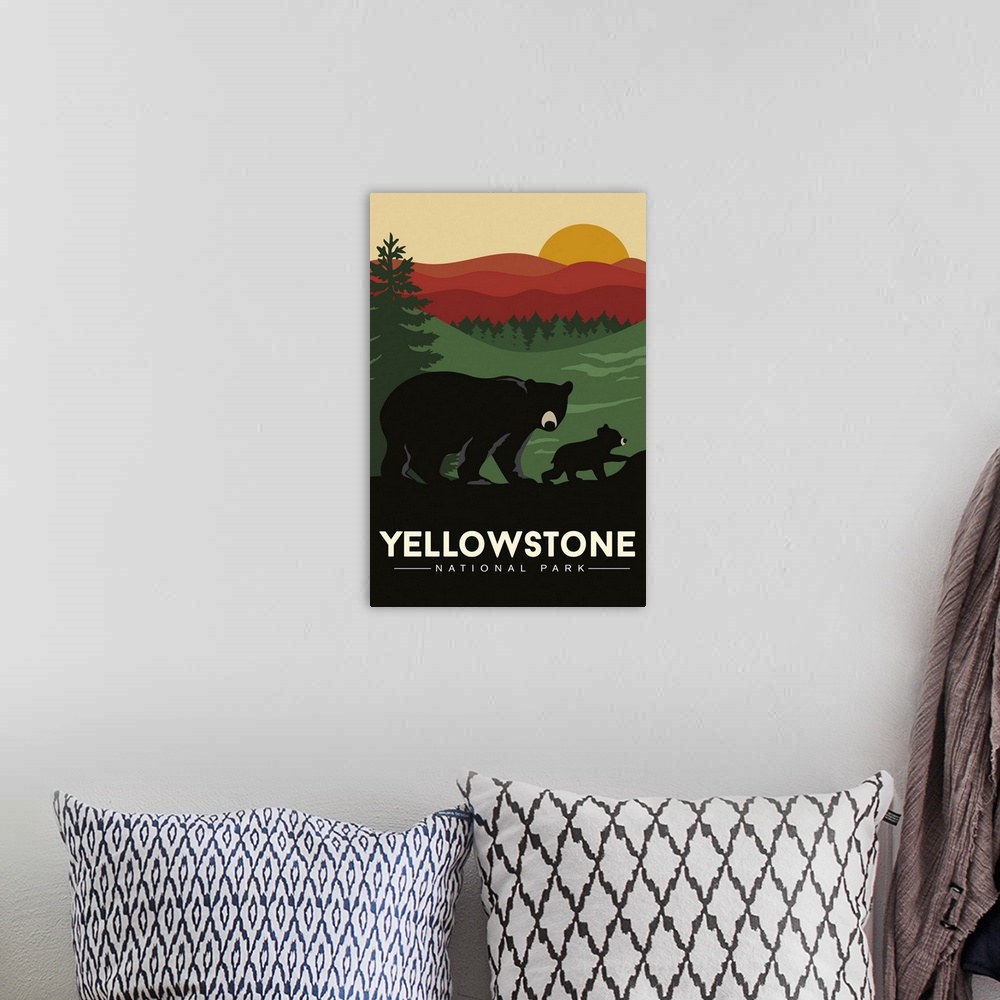 A bohemian room featuring Yellowstone National Park, Bear And Cub Sunset: Graphic Travel Poster