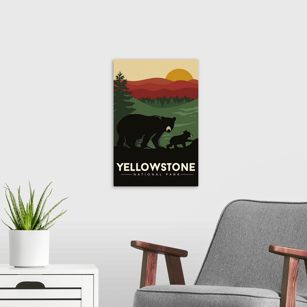 A modern room featuring Yellowstone National Park, Bear And Cub Sunset: Graphic Travel Poster