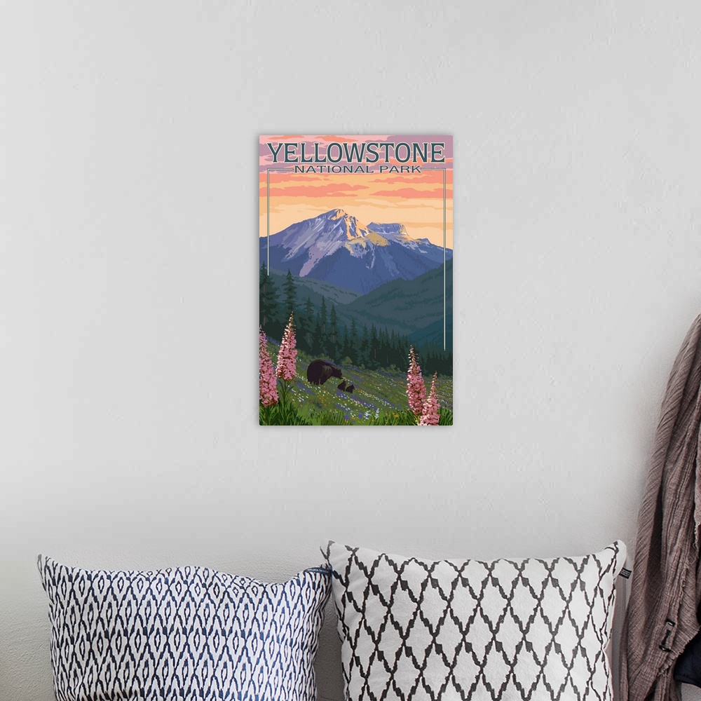 A bohemian room featuring Yellowstone National Park, Bear And Cubs In Wildflowers: Retro Travel Poster