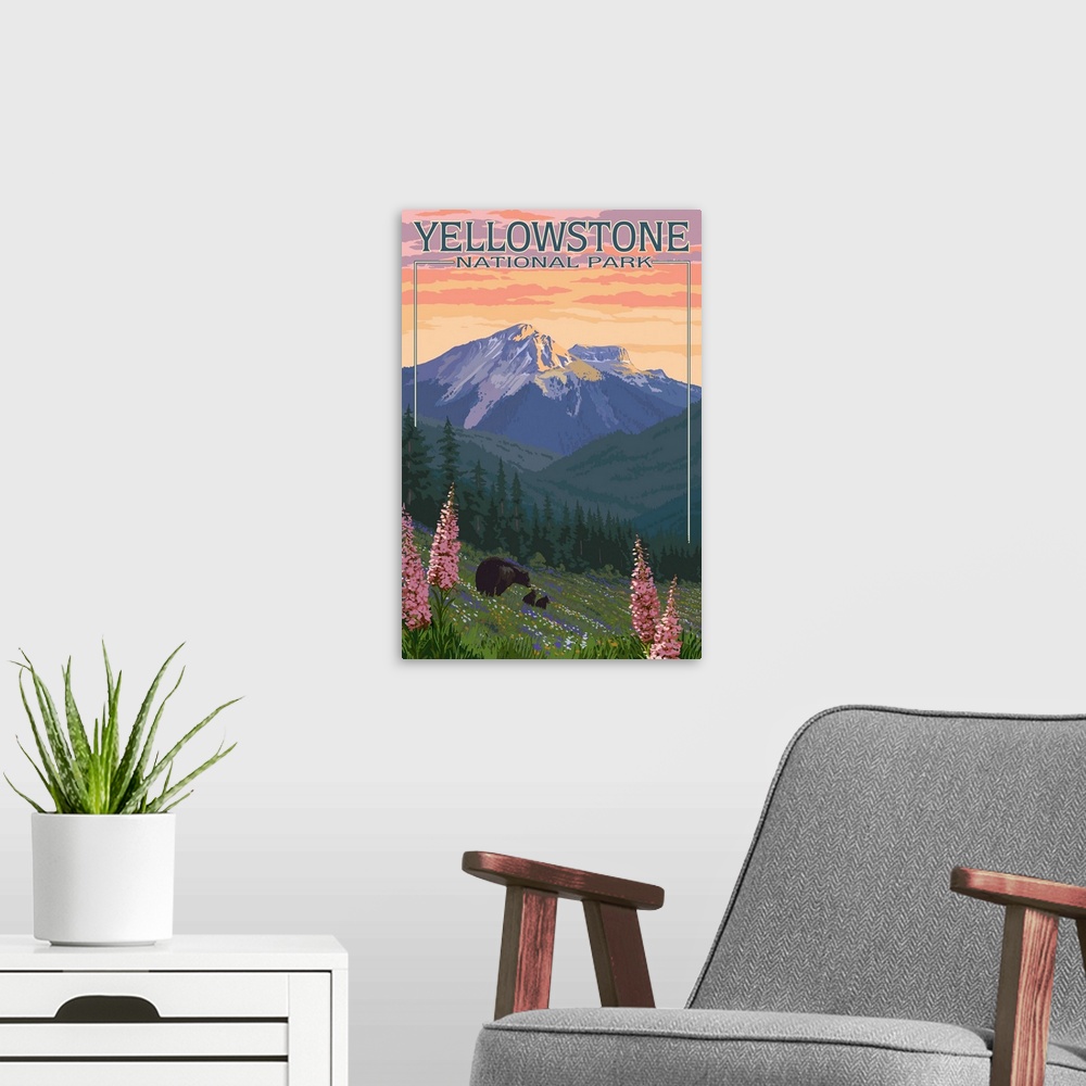 A modern room featuring Yellowstone National Park, Bear And Cubs In Wildflowers: Retro Travel Poster