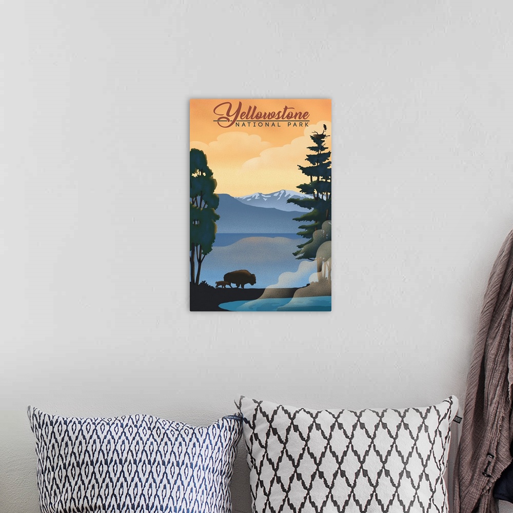 A bohemian room featuring Yellowstone National Park, Bison And Calf Silhouette: Retro Travel Poster