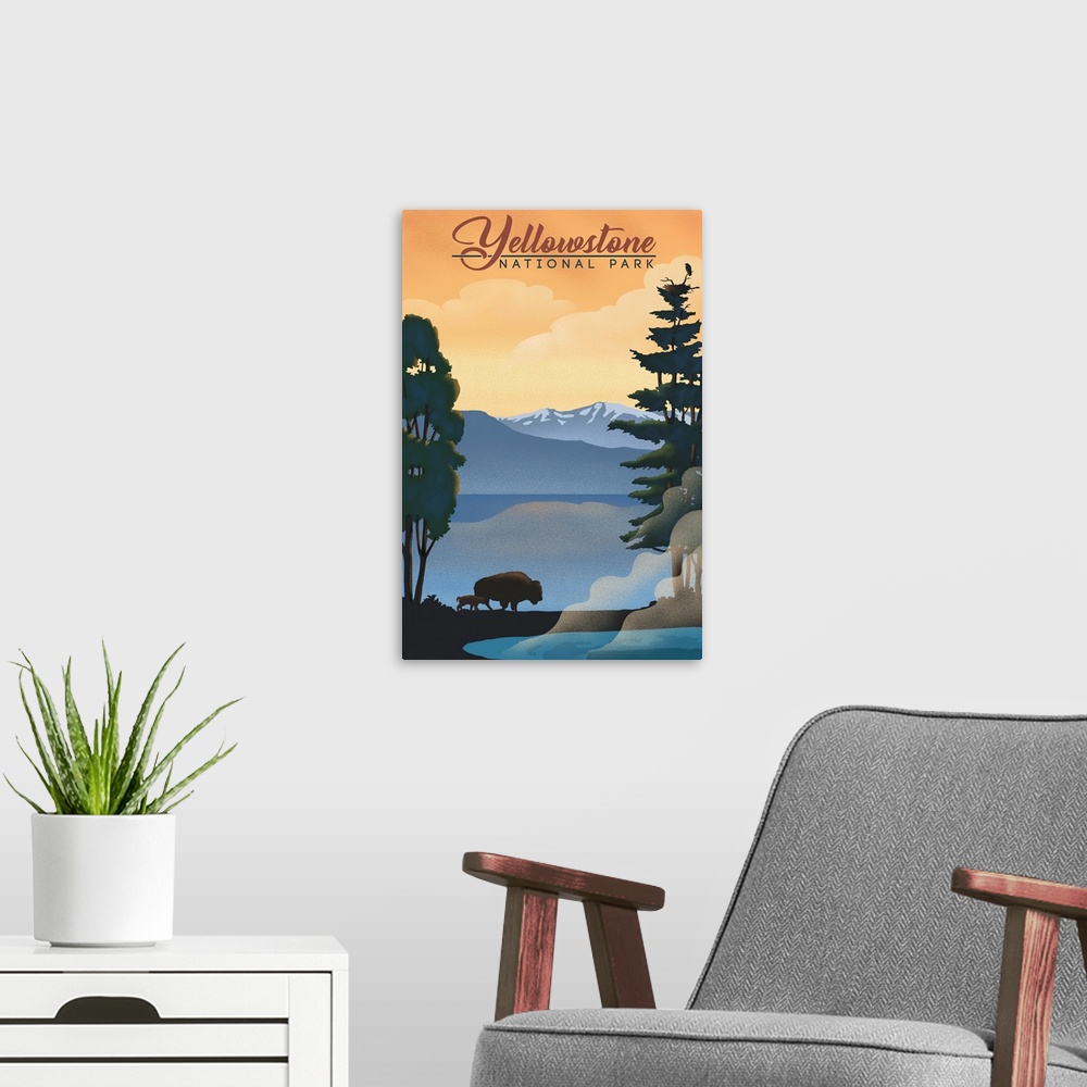 A modern room featuring Yellowstone National Park, Bison And Calf Silhouette: Retro Travel Poster