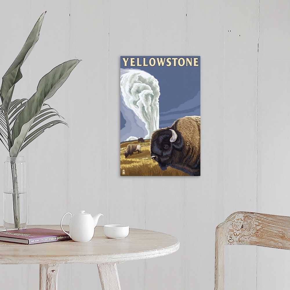 A farmhouse room featuring Yellowstone National Park - Bison and Old Faithful: Retro Travel Poster