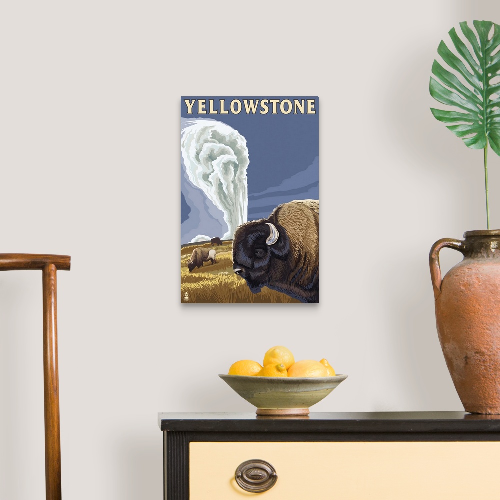A traditional room featuring Yellowstone National Park - Bison and Old Faithful: Retro Travel Poster
