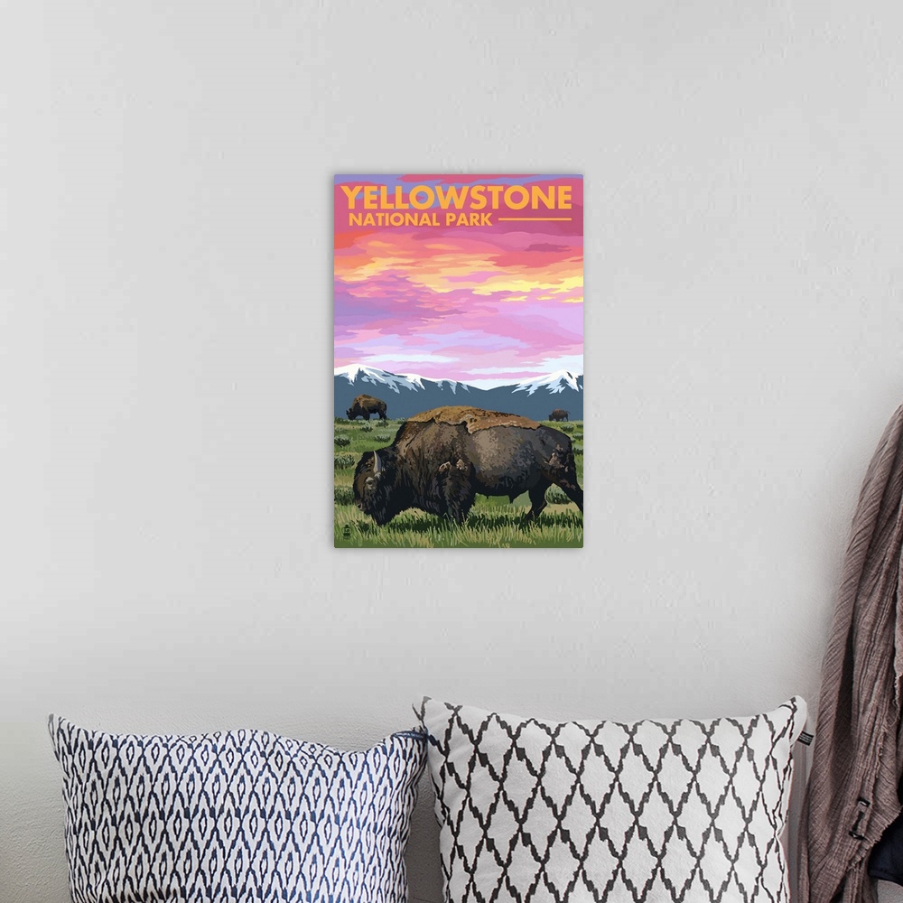 A bohemian room featuring Yellowstone National Park - Bison and Sunset: Retro Travel Poster