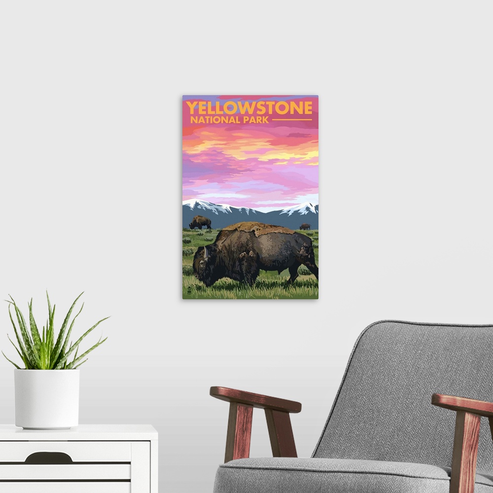 A modern room featuring Yellowstone National Park - Bison and Sunset: Retro Travel Poster