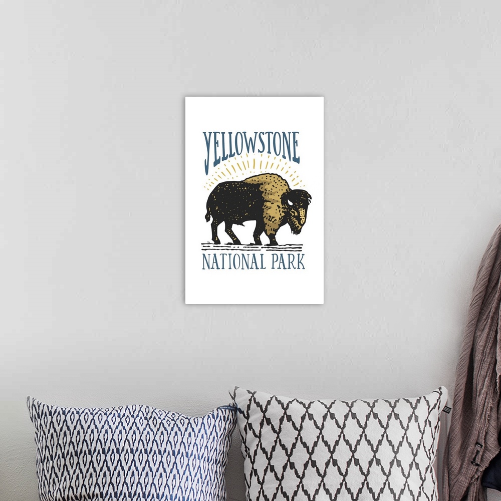 A bohemian room featuring Yellowstone National Park, Bison: Graphic Travel Poster