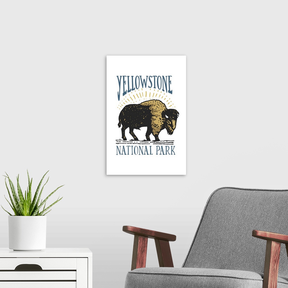 A modern room featuring Yellowstone National Park, Bison: Graphic Travel Poster