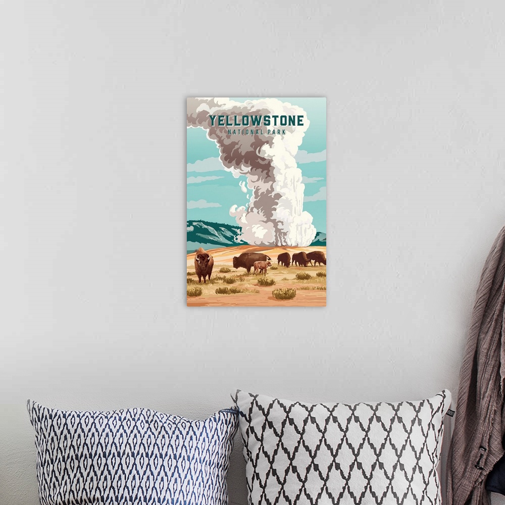 A bohemian room featuring Yellowstone National Park, Bison Grazing: Retro Travel Poster
