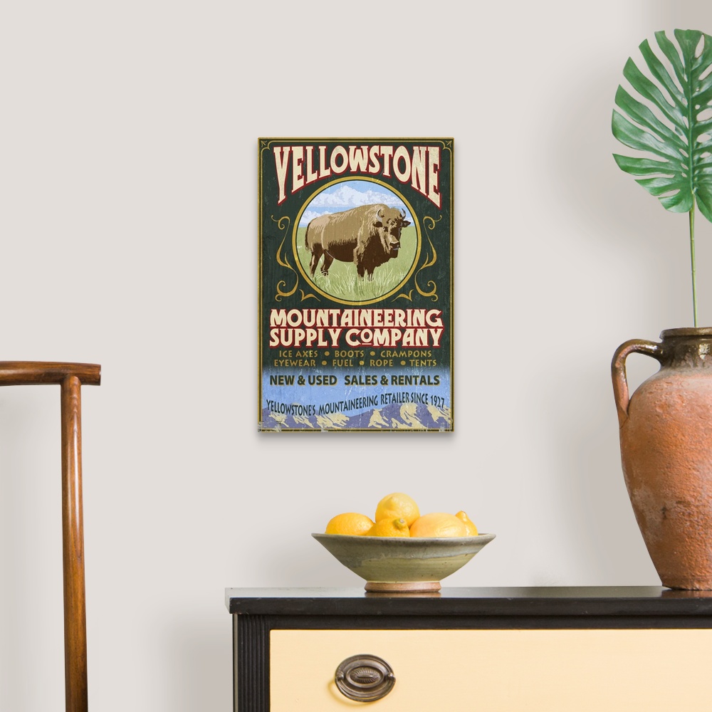 A traditional room featuring Yellowstone National Park - Bison Mountaineering Vintage Sign: Retro Travel Poster