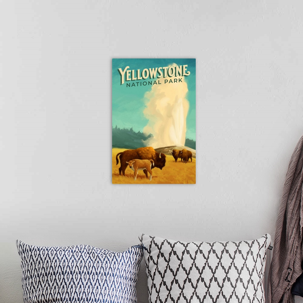 A bohemian room featuring Yellowstone National Park, Bison With Geyser Erupting: Retro Travel Poster
